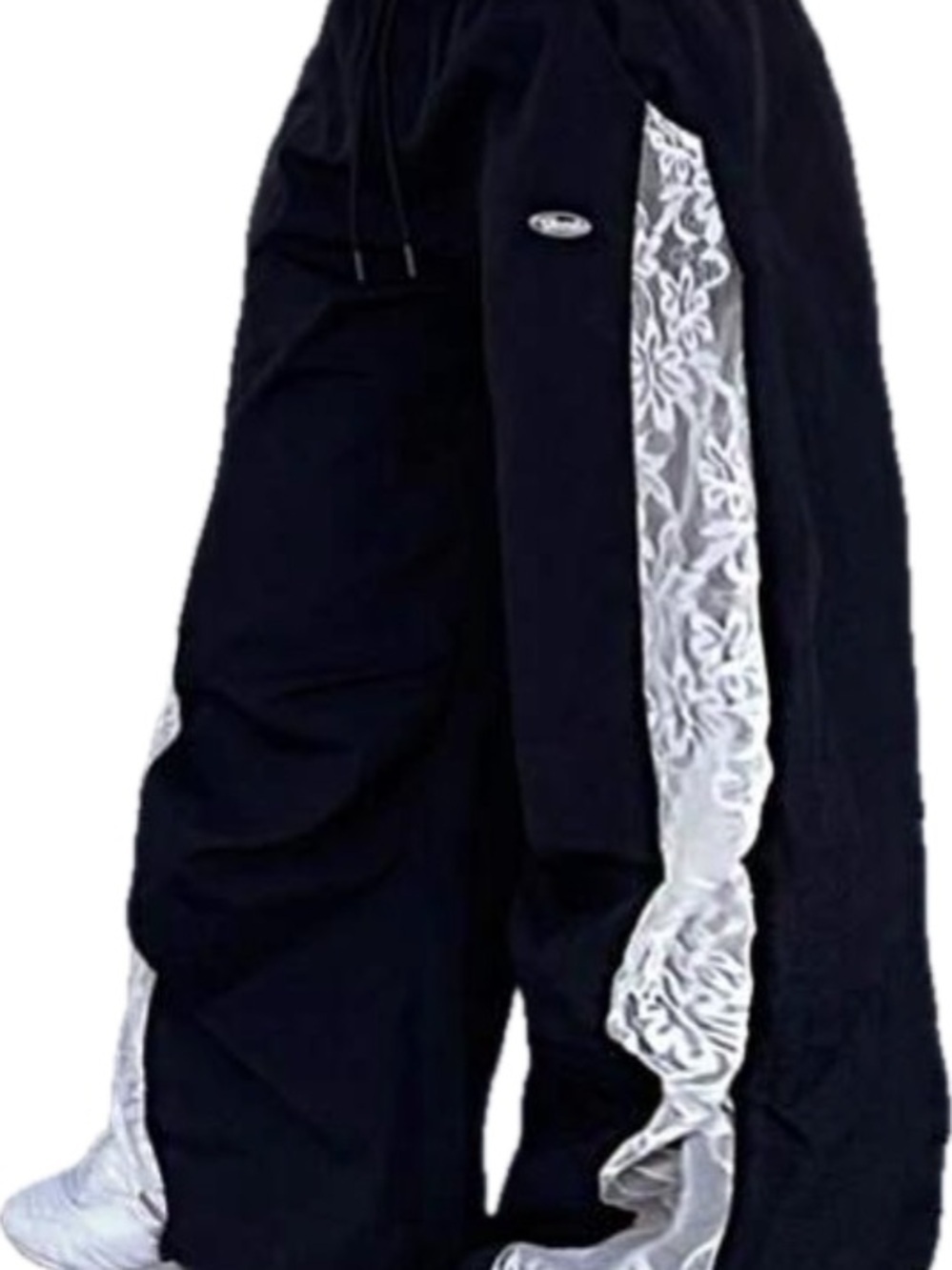 Black Wide Leg Ballon Pants with White Lace Elastic Ankle
